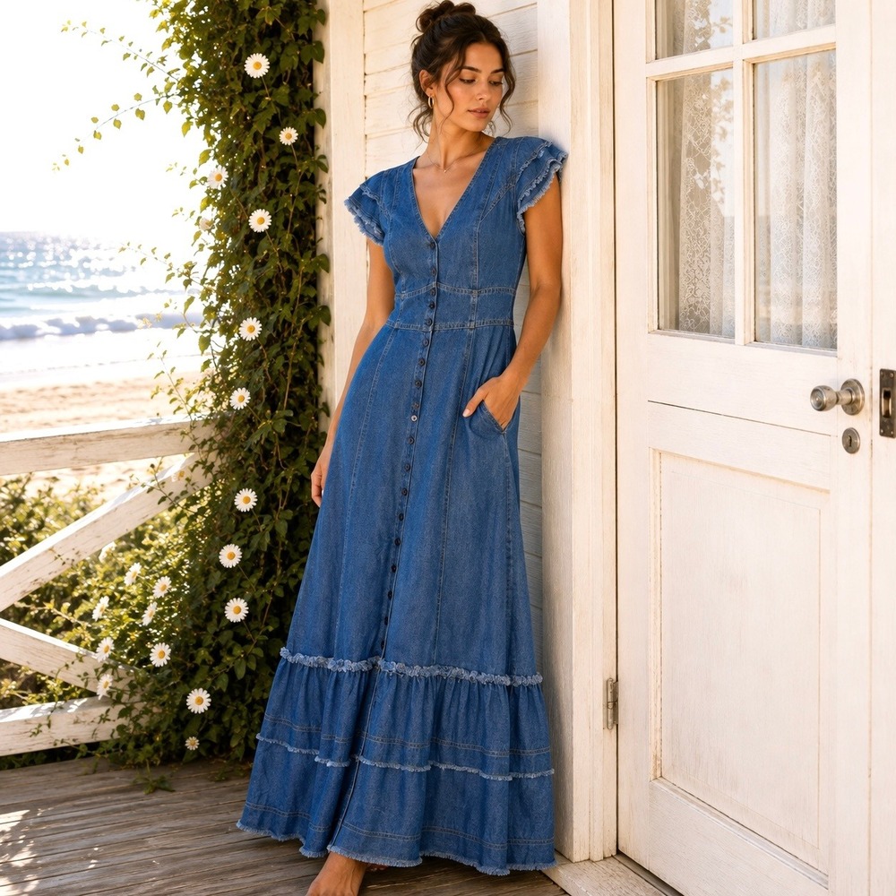 Anthropologie Indigo Poppy Large Maxi Dress Cottagecore Romantic Boho Feminine